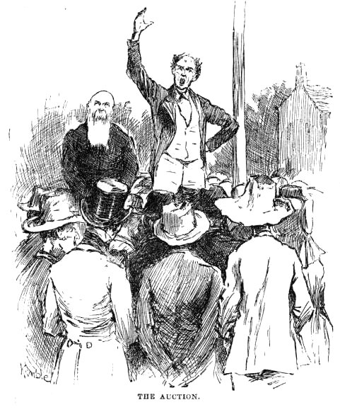 The King and the Duke on a platform above a crowd of hats at the auction.