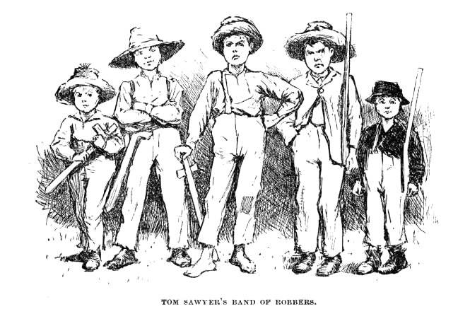 Tom Sawyer’s band of robbers: five boys lined up with wooden weapons.