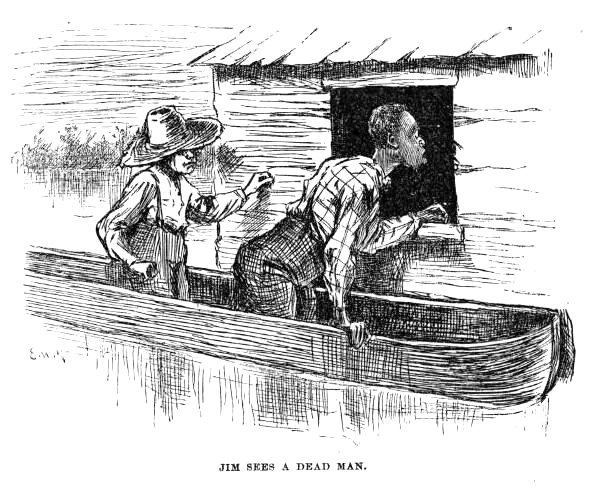 Jim leaning from a canoe into the window of a floating house; Huck behind him.