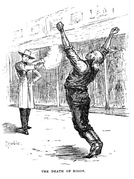 Colonel Sherburn fires; Boggs staggers with his arms up.