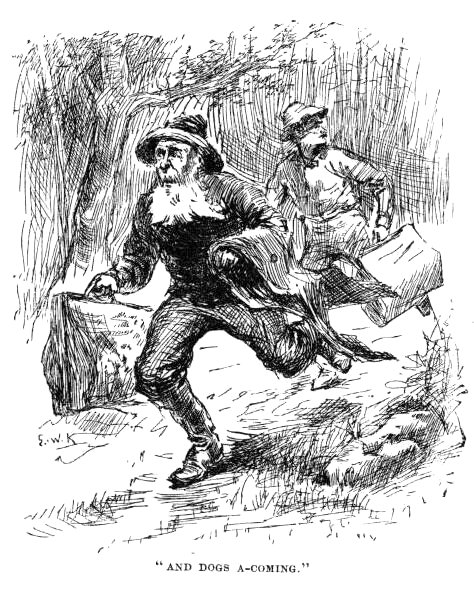 The King and the Duke fleeing through the woods with carpet-bags.