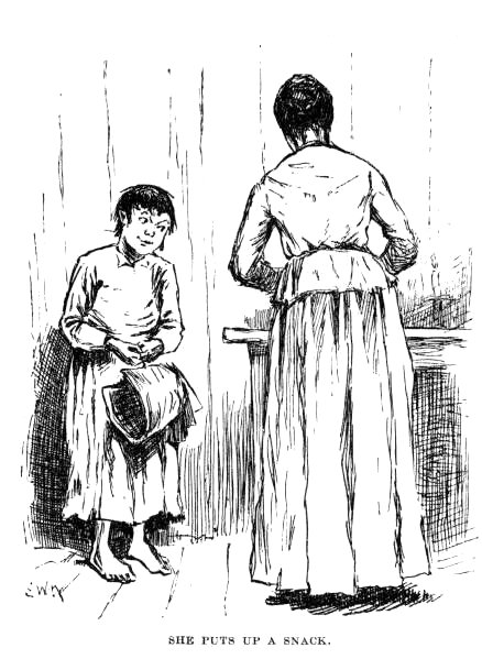 Huck in a calico dress holding a bonnet; Mrs. Loftus at the table.