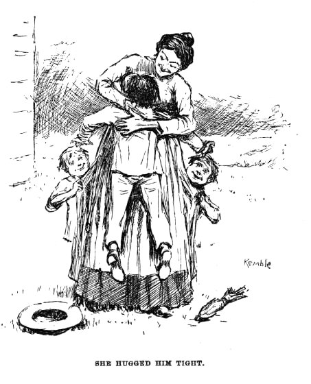 Aunt Sally hugging Huck tight while children peek.