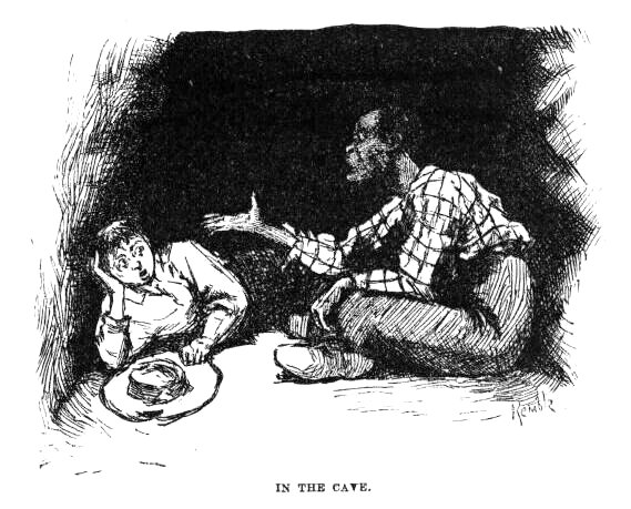 Jim talking and Huck lying chin on hand inside a dark cave.