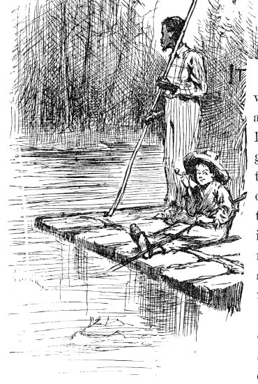 Jim poling the raft while Huck sits fishing among the reeds.