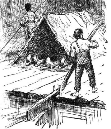 Huck poling the raft beside the wigwam under a storm-hatched sky.