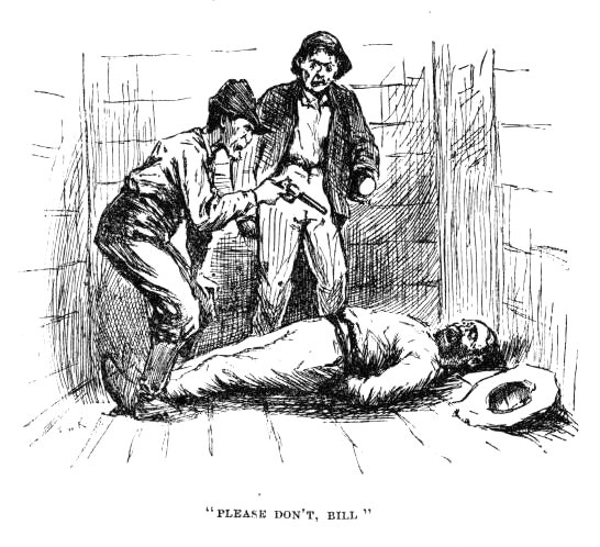 Two robbers with a pistol over a bound man on the wreck’s floor.