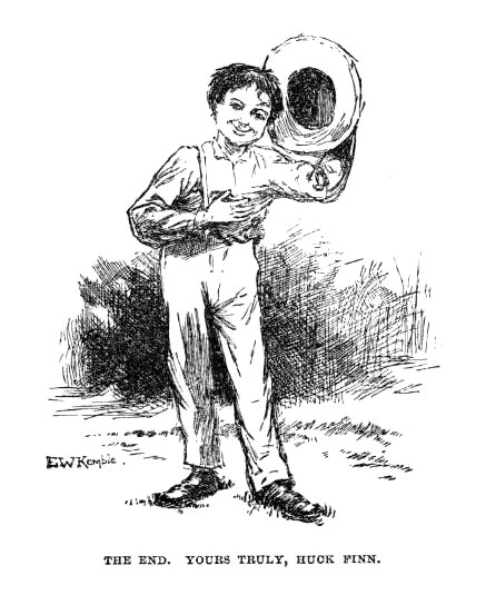 Huck grinning with his hat slung over his shoulder: The End, Yours Truly, Huck Finn.