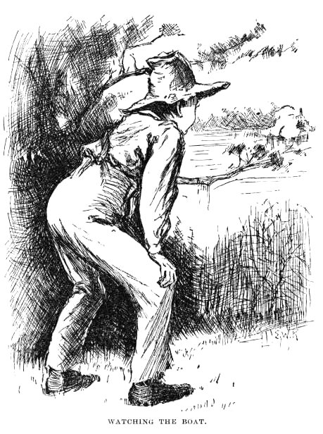 Huck, seen from behind, peering at the distant ferry-boat.